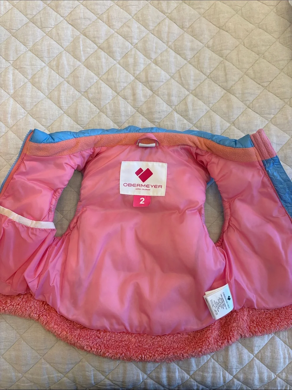 Obermeyer Pink Lined Blue-Trim Kids Puffer Vest
